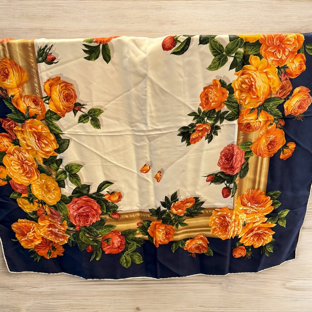 Floral Silk Scarf with Orange and Yellow Roses